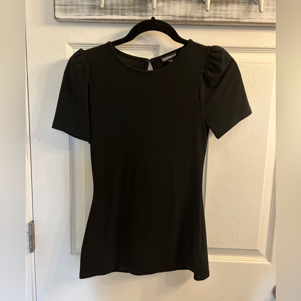 Express black puff short sleeve blouse with keyhole back